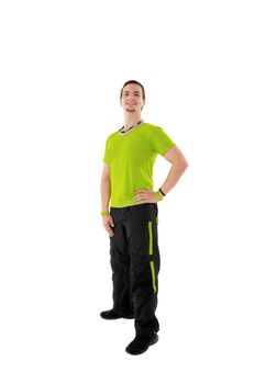 Young fitness instructor on white isolated background