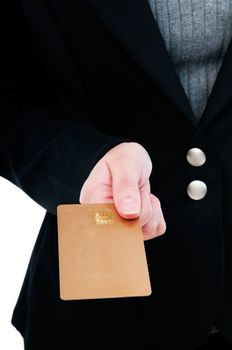 Close-up of a businesswoman holding credit card.