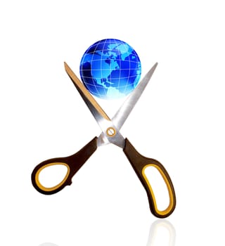 The scissors isolated and blue globe over white background