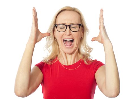 Frustrated aged woman shouting. Isolated over white