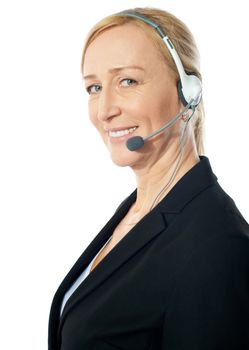 Closeup of a senior telemarker woman with headsets isolated over white background