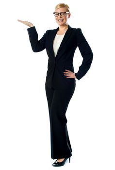 Full shot of female executive representing copyspace isolated over white background