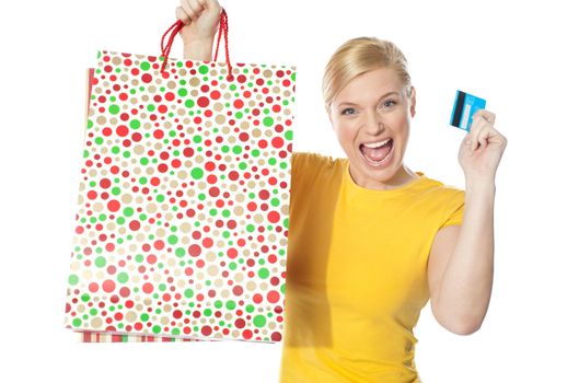 Beautiful girl posing with shopping paper bag and credit card