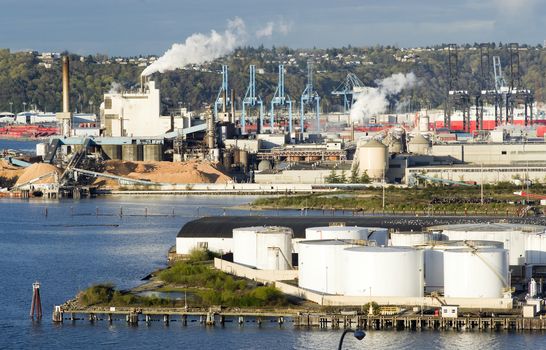 Port of Tacoma Washington operates on a rare sunny day