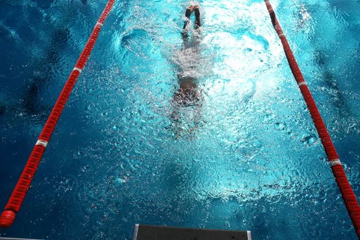 Swimmer in a swimming pool on a hot day