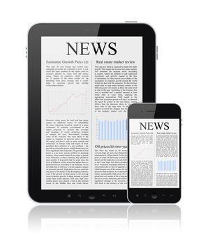 News articles on modern digital tablet and mobile smart phone. Isolated on white.