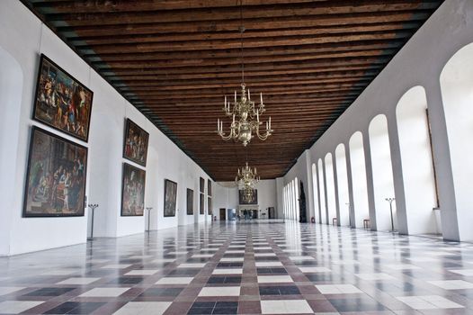 The hall of Kronborg Castle is the royal residence in Copenhagen Denmark