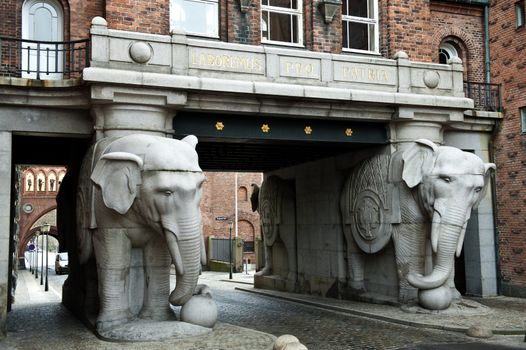 Sculptures of elephants on a building brewing plant Carksberg in Copenhagen Denmark
