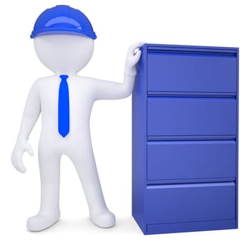 3d man in a hard hat next to a metal cabinet. Isolated render on a white background