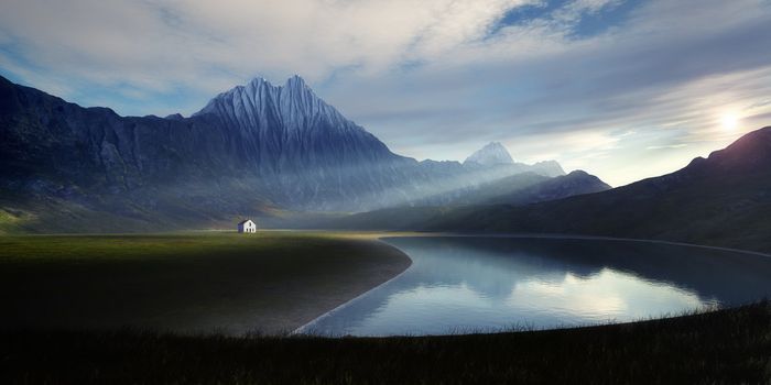 An image of a lonely house at the lake