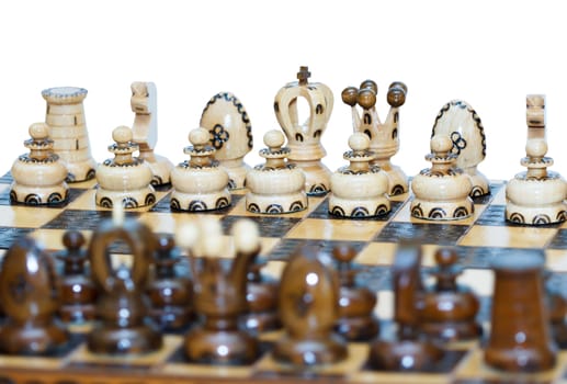 chess board focus to white king and queen on white background