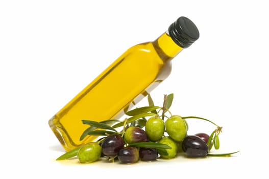 olive oil and fresh olives on white background