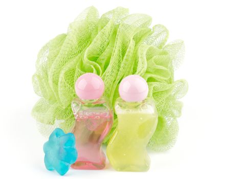 Shower Puff, shower gel and decorative soap isolated on white background