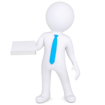 3d man holding a white paper in his hand. Isolated render on a white background