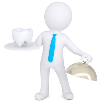 3d white man holding a tooth on a plate. Isolated render on a white background