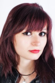 Closeup Portrait of young beautiful woman with red lips - isolated on withe background