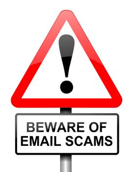 Illustration depicting red and white triangular warning road sign with an email scam concept.