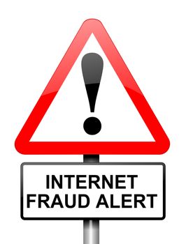 Illustration depicting red and white triangular warning road sign with an internet fraud concept. White background.