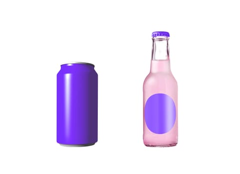 violet aluminum can with soda in glass bottle