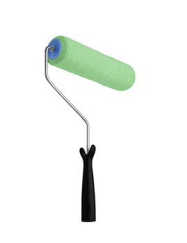 Green paint roller on white background