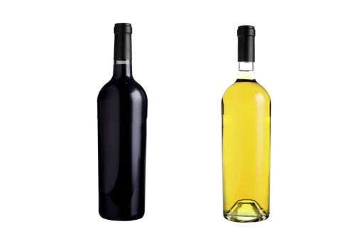 Red and white wine bottles on white background