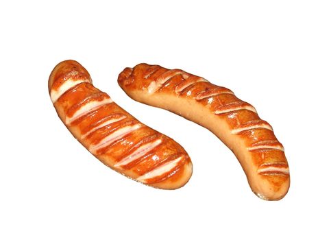 Two grilled sausages. View from above. Isolated on white background