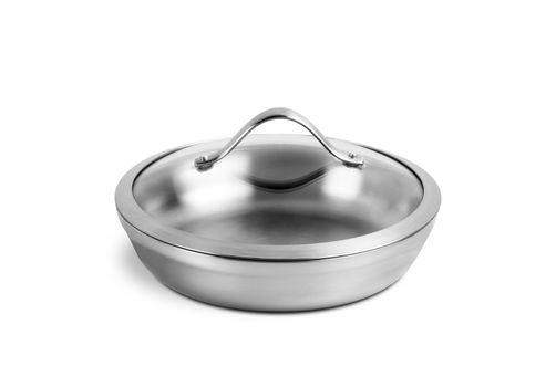 Silver cooking pot from low perspective isolated on white.
