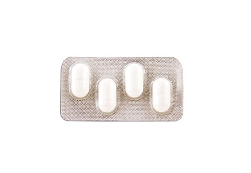 pack of white medicine pills on white background