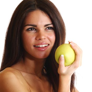 woman hold apple in hands isolated on white