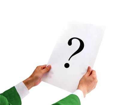 businessman holding a white paper with a question mark