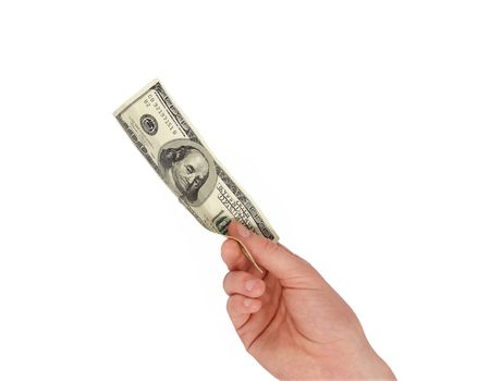 A man's hand holding a one hundred dollar bill