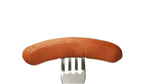 Close up of sausage and fork isolated on white background