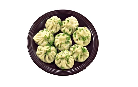 Russian national ravioli with dill on a plate