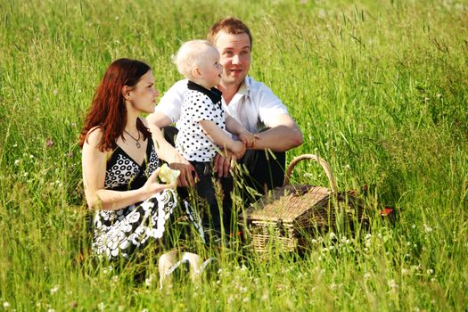  happy family on picnic in green grass