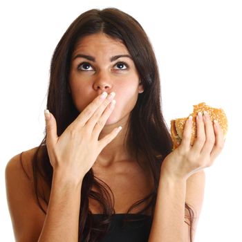 woman eat burger isolated on white background