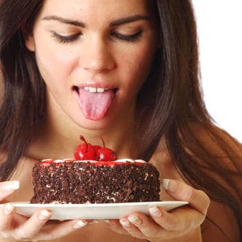 woman hold cake in hands isolated on white