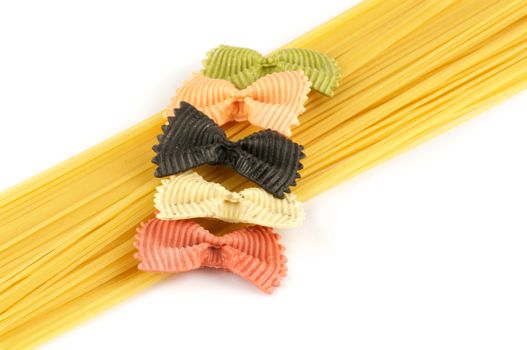 Italian pasta spaghetti and farfalle isolated on white background