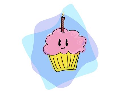 A cute, kawaii pink birthday cupcake with candle on blue backdrop.