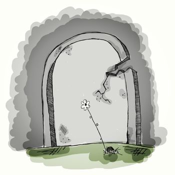 Simple, plain grey tombstone with daisy growing in front of it and cracks on the edges.