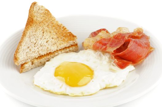 Bacon, eggs and toasts isolated on white background