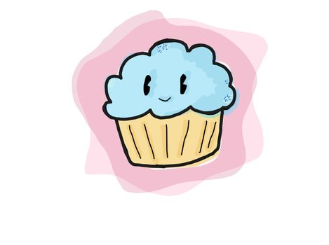 An illustration of a kawaii faced cupcake with blue frosting on pink backdrop.