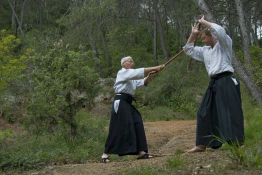 Two adults (young man and senior) are training in Aikido in a forest