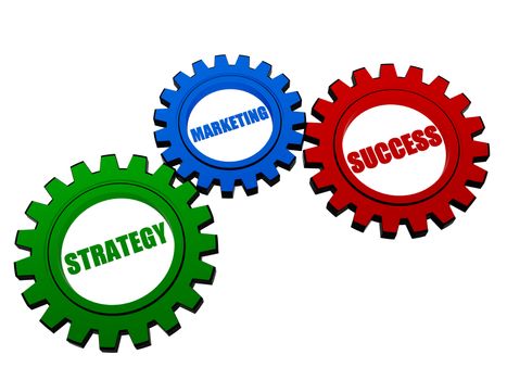 strategy, marketing, success - business concept words in 3d different colors gearwheels