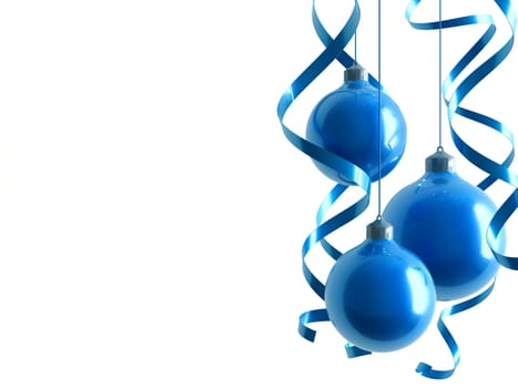 blue Christmas toys in an environment of ribbons on a white background