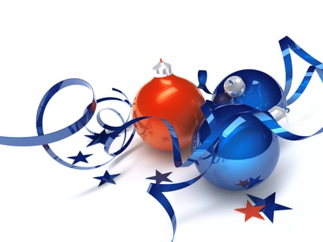 Christmas toys in an environment of stars and a tinsel on a white background