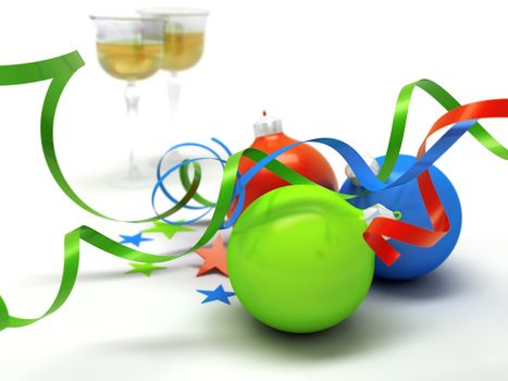 Christmas toys of different colours in the form of spheres against glasses with champagne