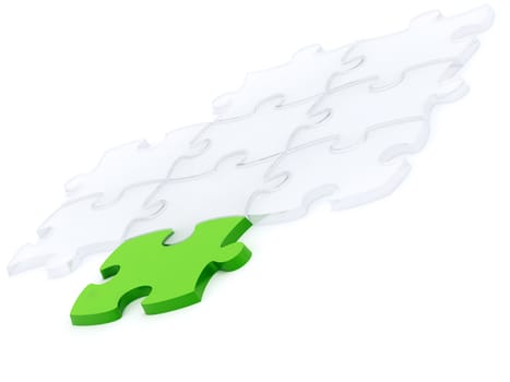 one green and many transparent components of a puzzle on a white background