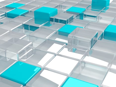 Abstract background consisting of blue plastic and transparent glass cubes