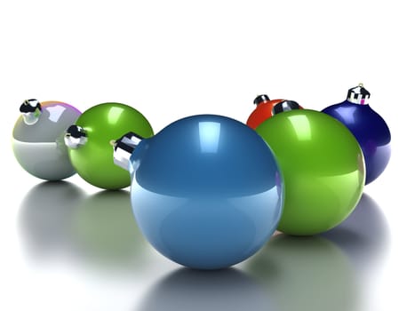 Christmas toys of different colours in the form of spheres on a white background