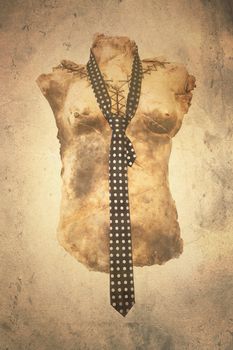 Woman torso with black spotted tie. Grunge design.